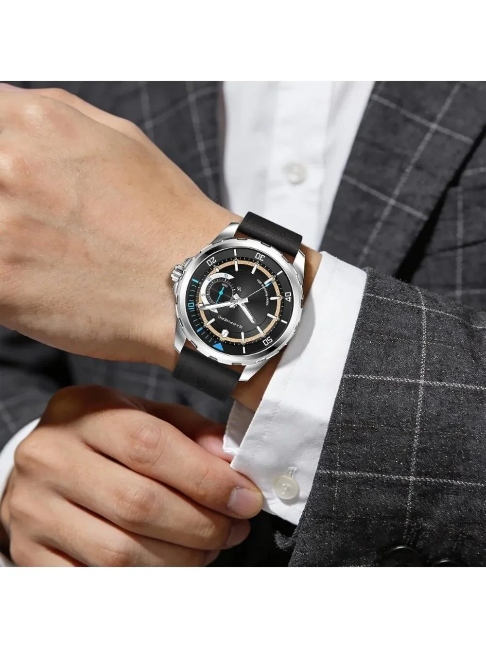 Men's Black/Silver/Black Numeral Dial Leather Strap Analog Quartz Wrist Watch